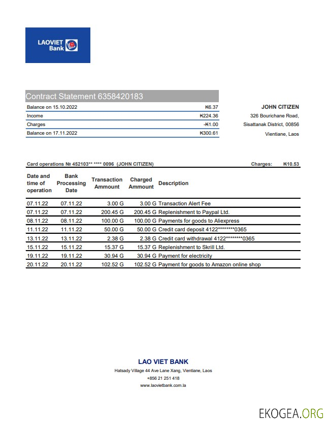 Laos Relevé de la Banque Lao Viet